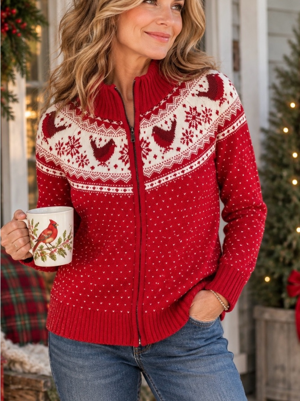 Talbots Cardinal Christmas Sweater Fair Isle Full Zip Red Cotton Holiday Sz M